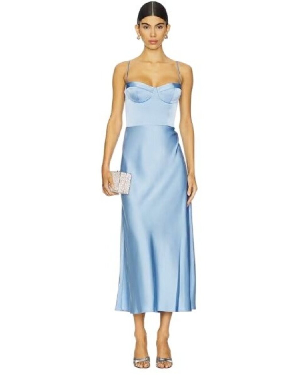 New Katie May Blue Satin Midi Slip Dress With Spaghetti Straps & Sweetheart Neck